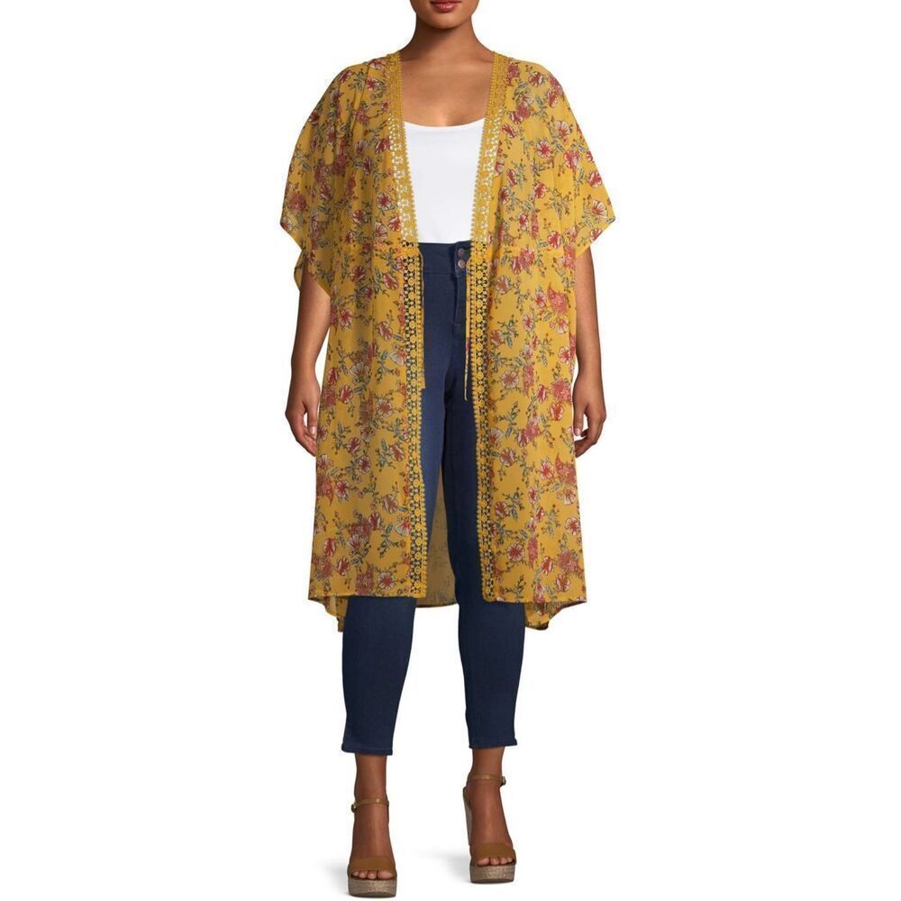 Womens Derek Heart Floral Print Lace Trim Duster Chiffon Kimono Poncho - Sz L